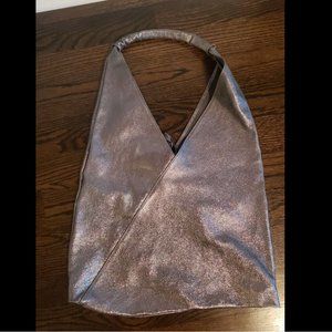 DIVA'S BAG SILVER METALLIC LEATHER TRIANGLE HOBO TOTE SHOULDER BAG ITALY